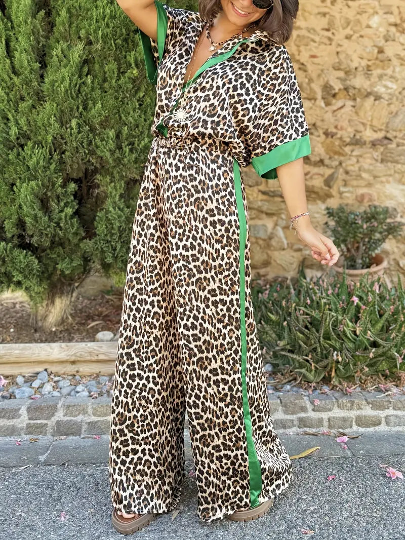 Women’s Printed Short Sleeve Button-Up Shirt and Wide Leg Trouser Set – Relaxed Two-Piece Summer Outfit for Casual City Wear