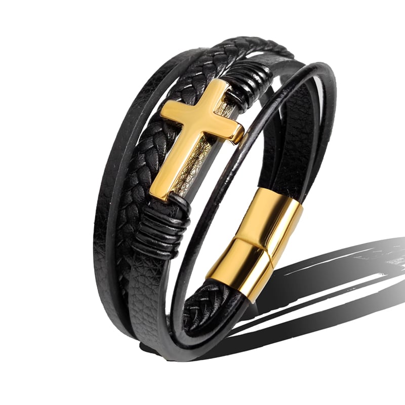 Men's Braided Leather Bracelet with Stainless Steel Cross - Sentinel