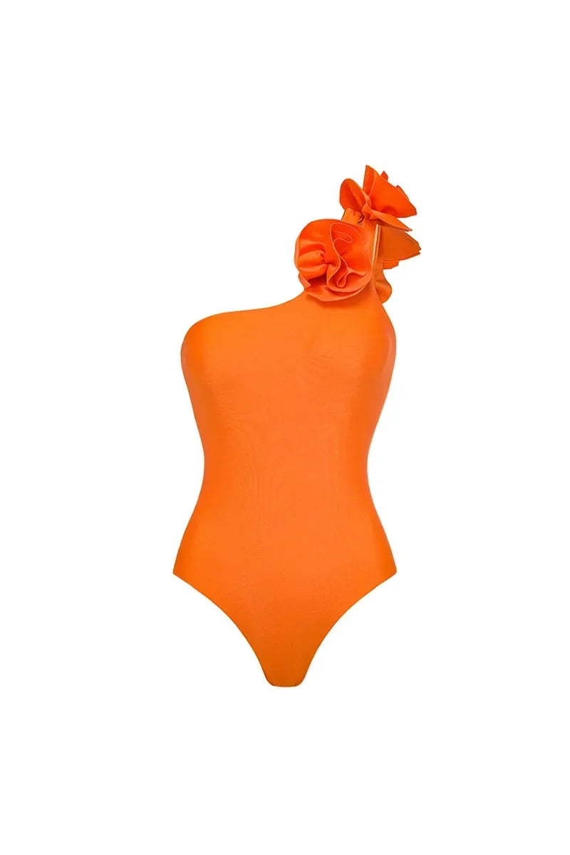 3D Flower Glossy Solid Swimwear Set