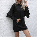 Women's Oversized Hooded Sweatshirt Mini Dress – Relaxed Long Sleeve Ruffle Detail Hoodie Dress with Drawstrings and Kangaroo Pocket for Casual Autumn and Winter Wear