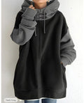 Women's Oversized Zip-Up Hoodie with Contrast Sleeves – Relaxed Long Sleeve Hooded Sweatshirt with Decorative Neck Fastenings and Ribbed Cuffs for Autumn and Winter