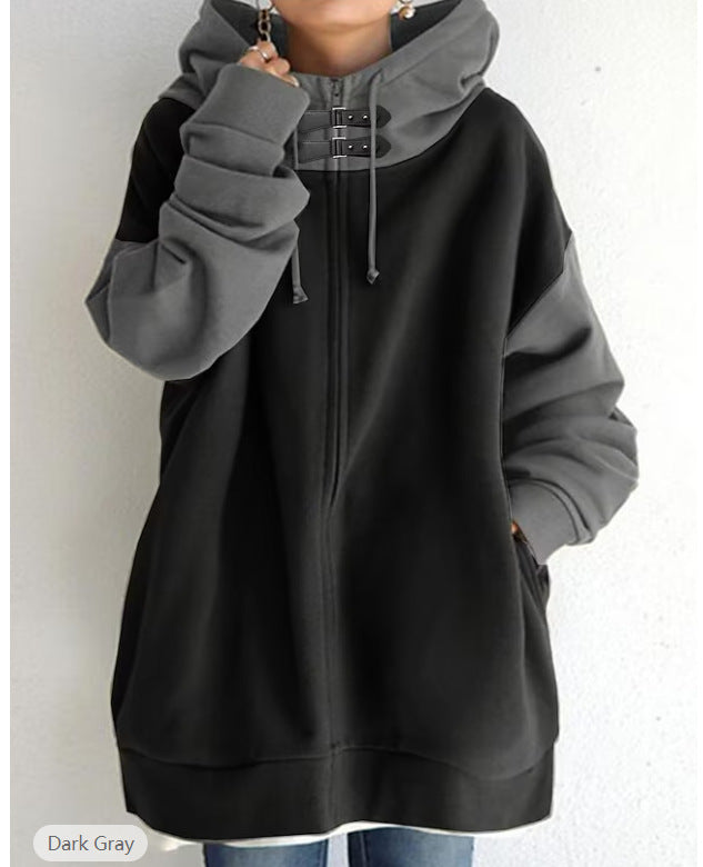 Women's Oversized Zip-Up Hoodie with Contrast Sleeves – Relaxed Long Sleeve Hooded Sweatshirt with Decorative Neck Fastenings and Ribbed Cuffs for Autumn and Winter
