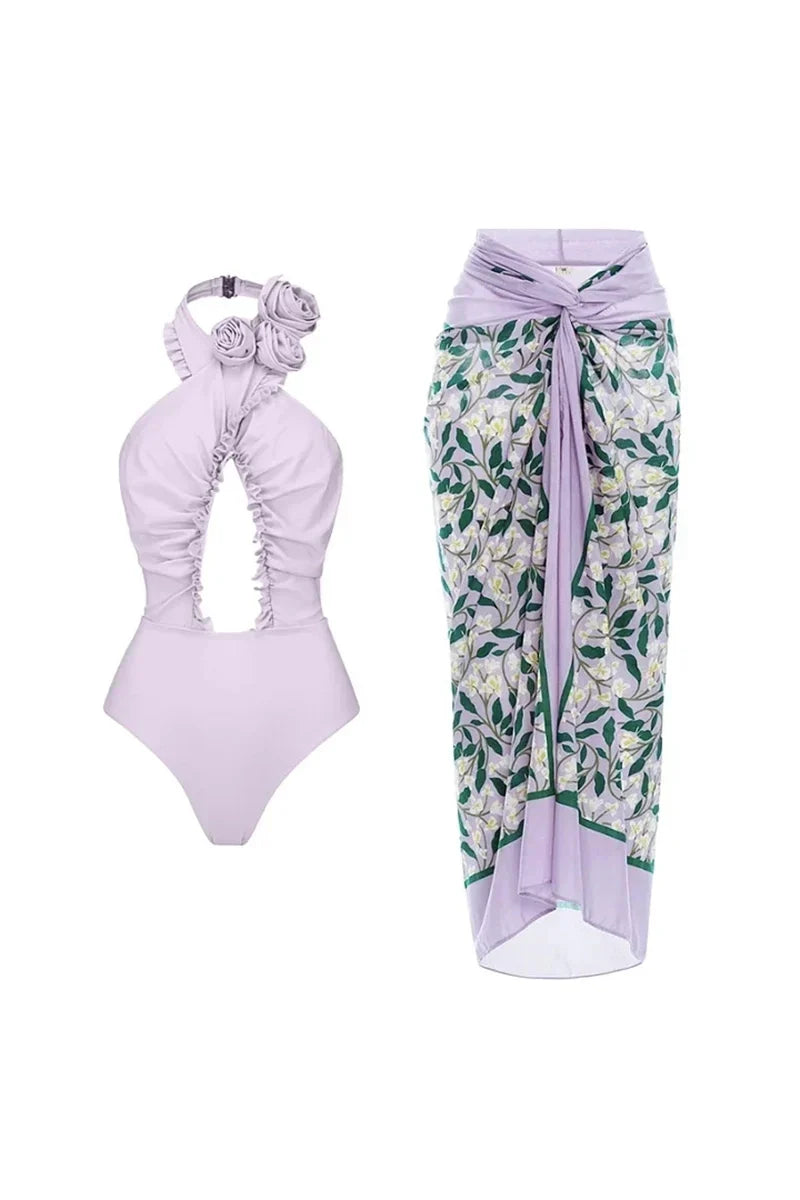 3D Flower Halter Open-Back Swimwear Set