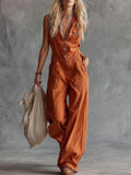 Neoma - Sleeveless V-Neck Button Front Wide Leg Jumpsuit