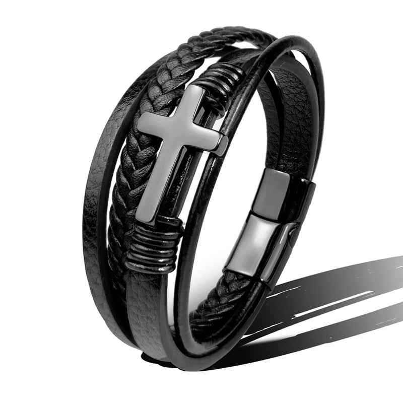 Men's Braided Leather Bracelet with Stainless Steel Cross - Sentinel