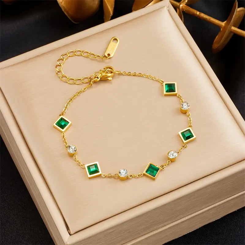 Gold Bracelet with Green and White Crystals - Ravenne