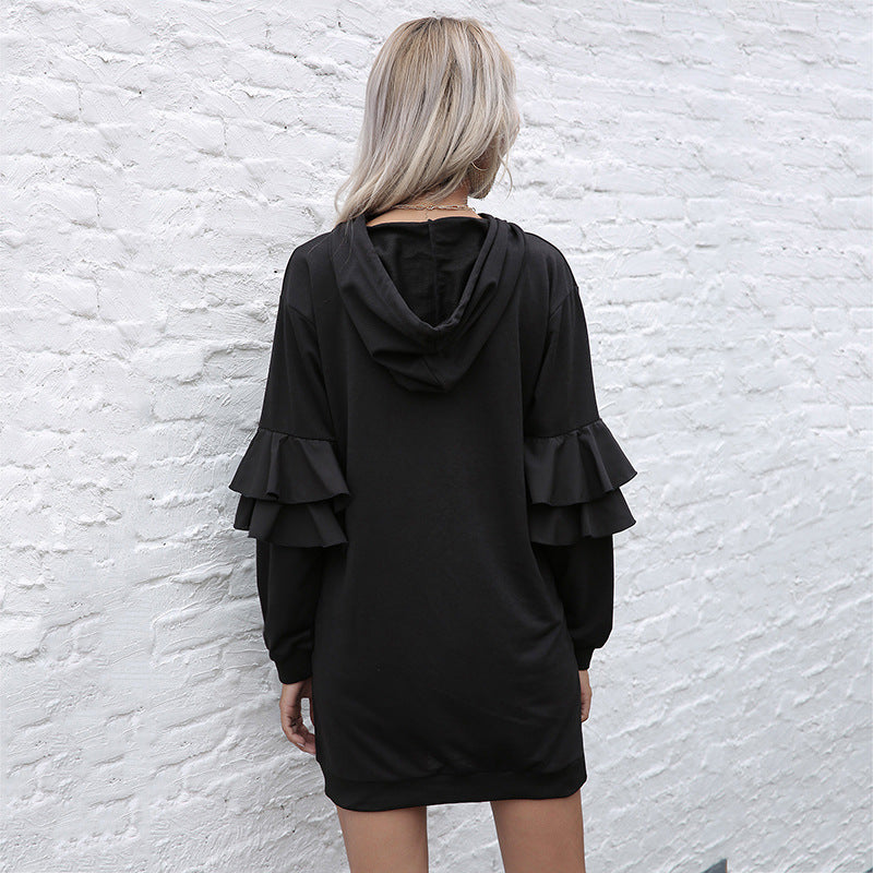 Women's Oversized Hooded Sweatshirt Mini Dress – Relaxed Long Sleeve Ruffle Detail Hoodie Dress with Drawstrings and Kangaroo Pocket for Casual Autumn and Winter Wear