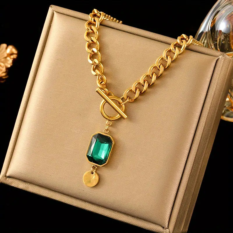 Althea Gold Chain Necklace with Green Crystal Pendant