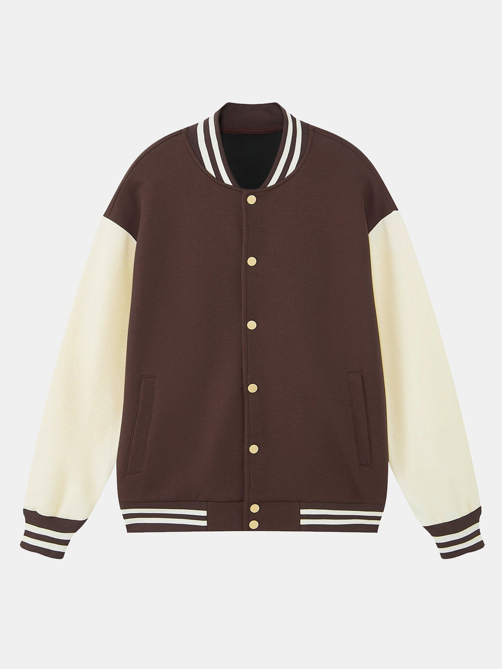 Men's Contrast Sleeve Varsity Baseball Jacket – Classic Cotton Snap-Button College Outerwear with Striped Ribbed Trims for Spring and Autumn