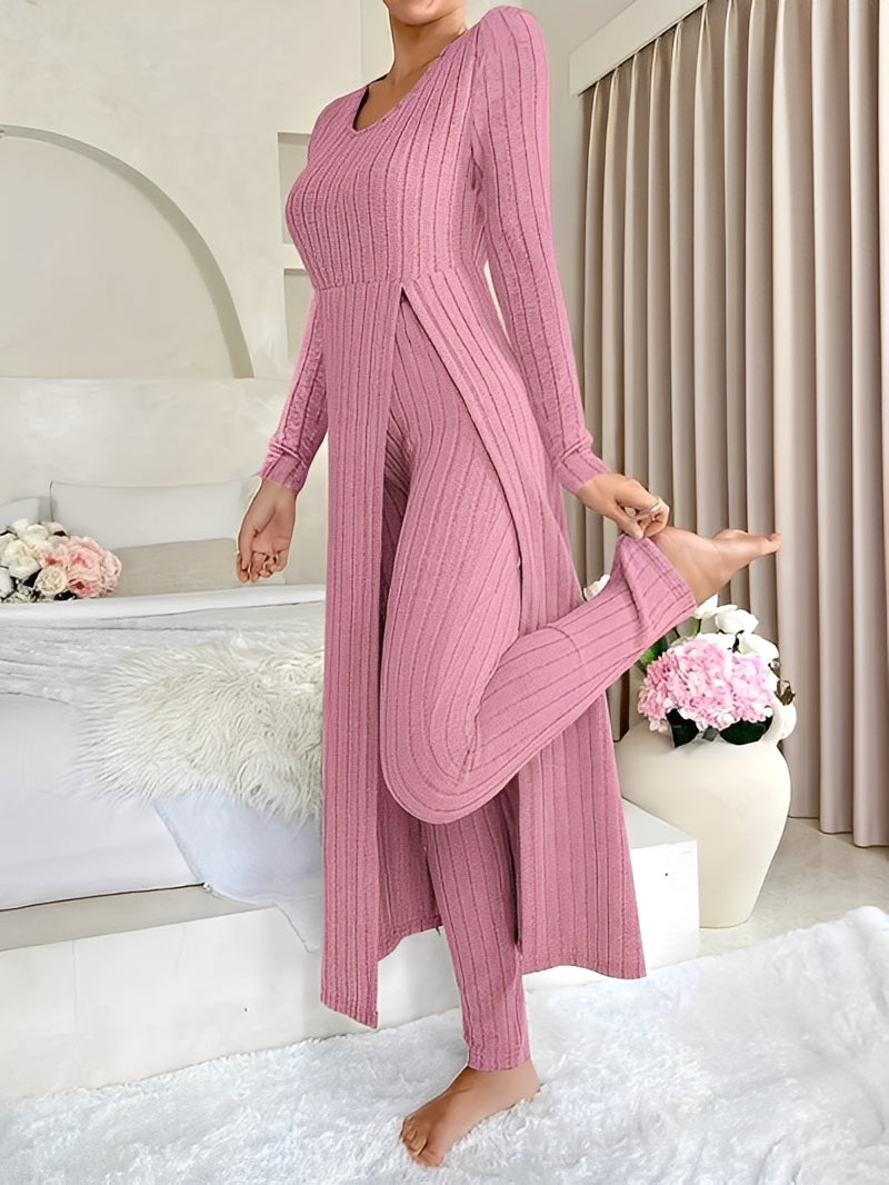 Women's Ribbed Knit Longline Tunic and Trousers Set – Elegant Fitted Two-Piece Outfit for Autumn and Winter