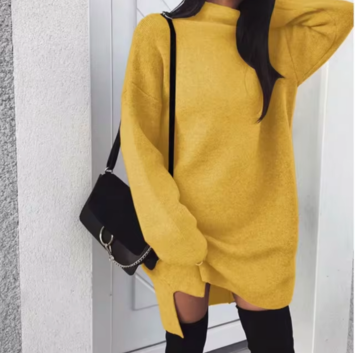 Women's Wool and Cashmere Blend Oversized Sweater Dress – Soft Long Sleeve High Neck Knitted Mini Dress for Autumn and Winter