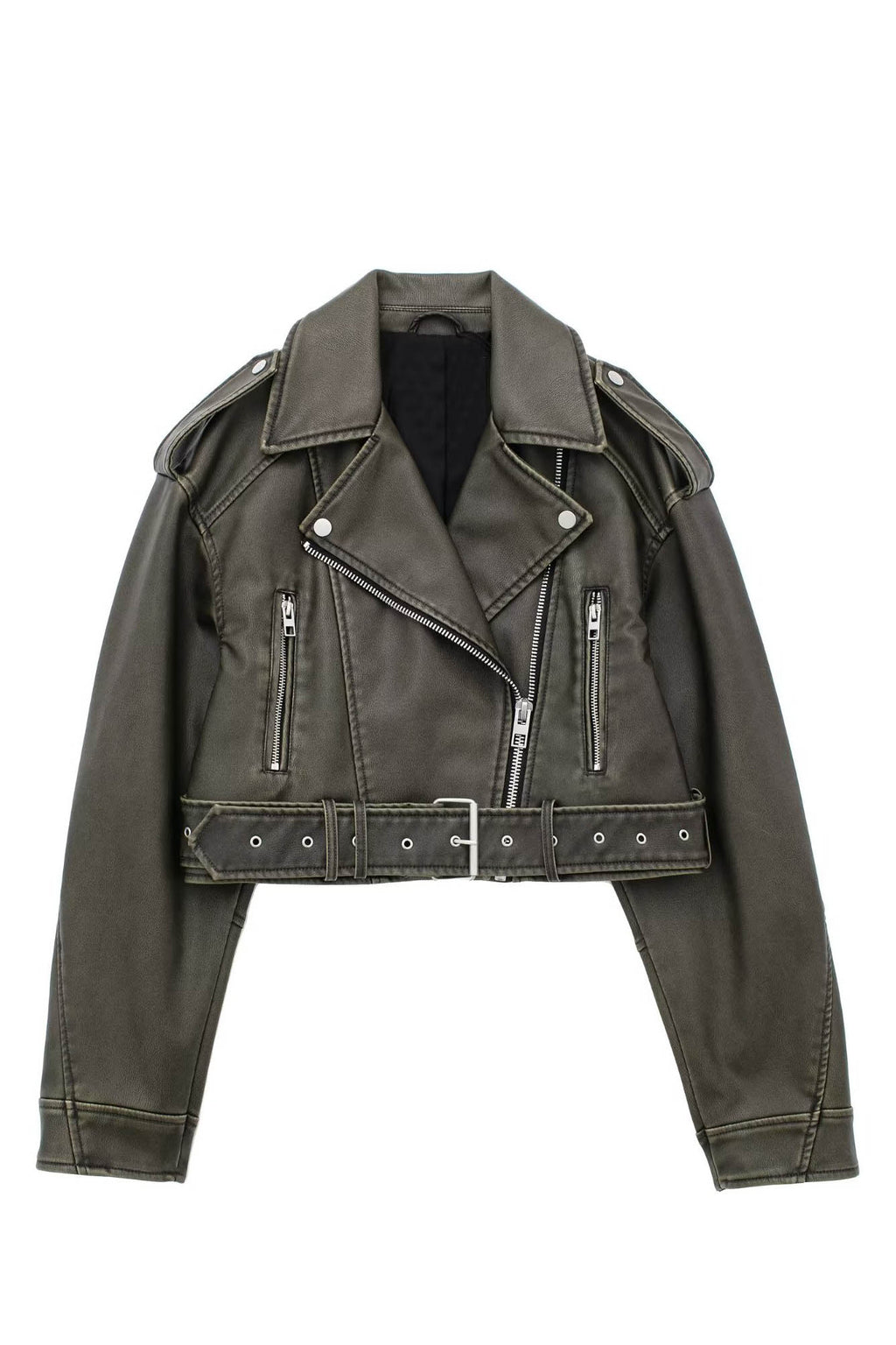 Modern Cropped leather jacket with offset zipper collar
