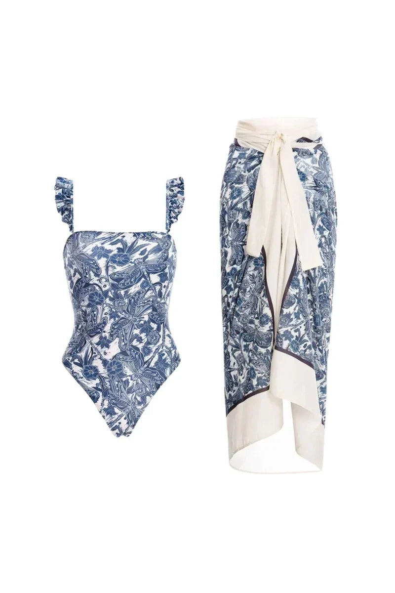 Blue Dragonfly Ruffled One-Piece Swimwear