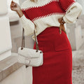 Women’s Ribbed Knit Sweater and Midi Skirt Set – Statement Stripe Detail with Soft Voluminous Sleeves