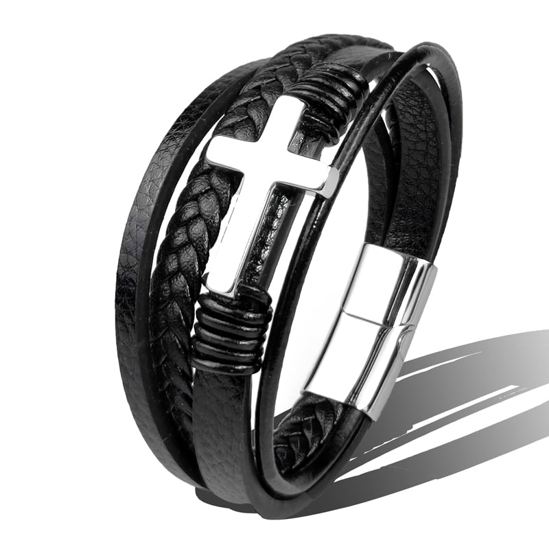Men's Braided Leather Bracelet with Stainless Steel Cross - Sentinel