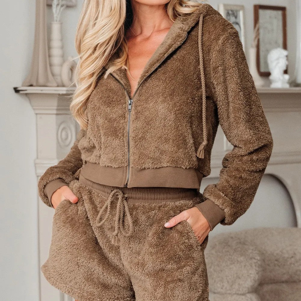 Women's Teddy Fleece Zip-Up Hoodie and Drawstring Shorts Set – Cosy Two-Piece Loungewear for Everyday Comfort