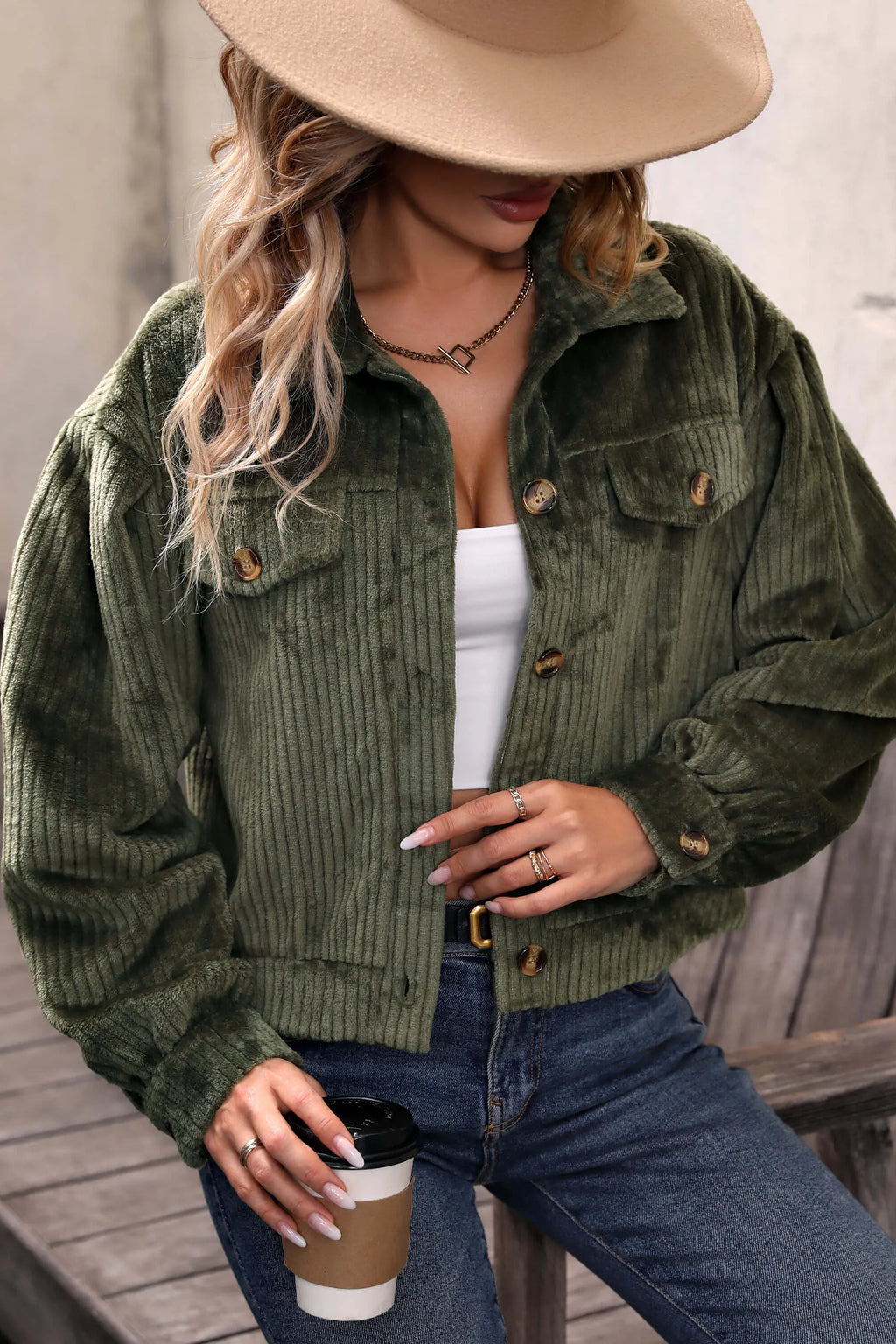 Modern Sabrina Cropped Corduroy Shacket Olive