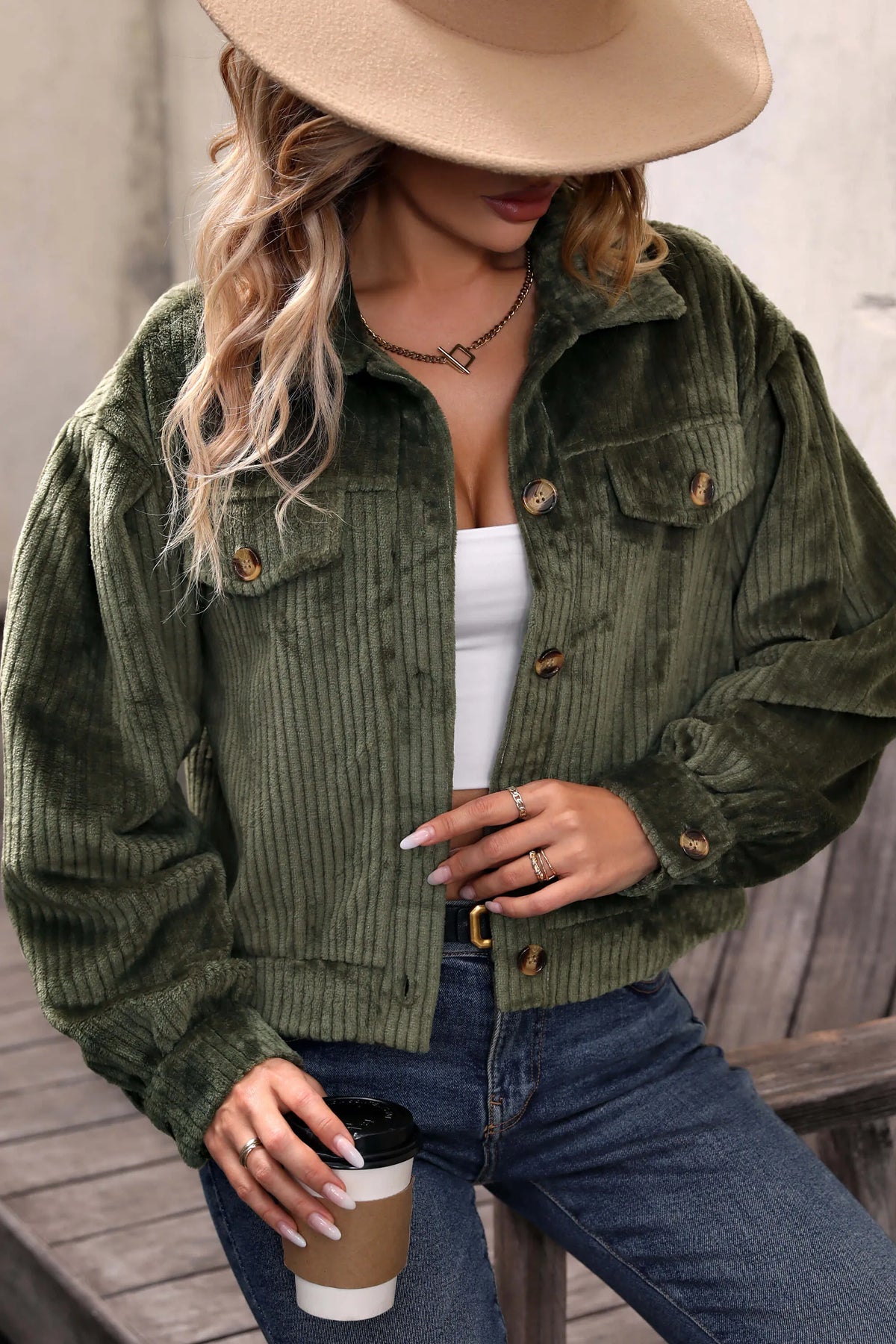 Modern Sabrina Cropped Corduroy Shacket Olive