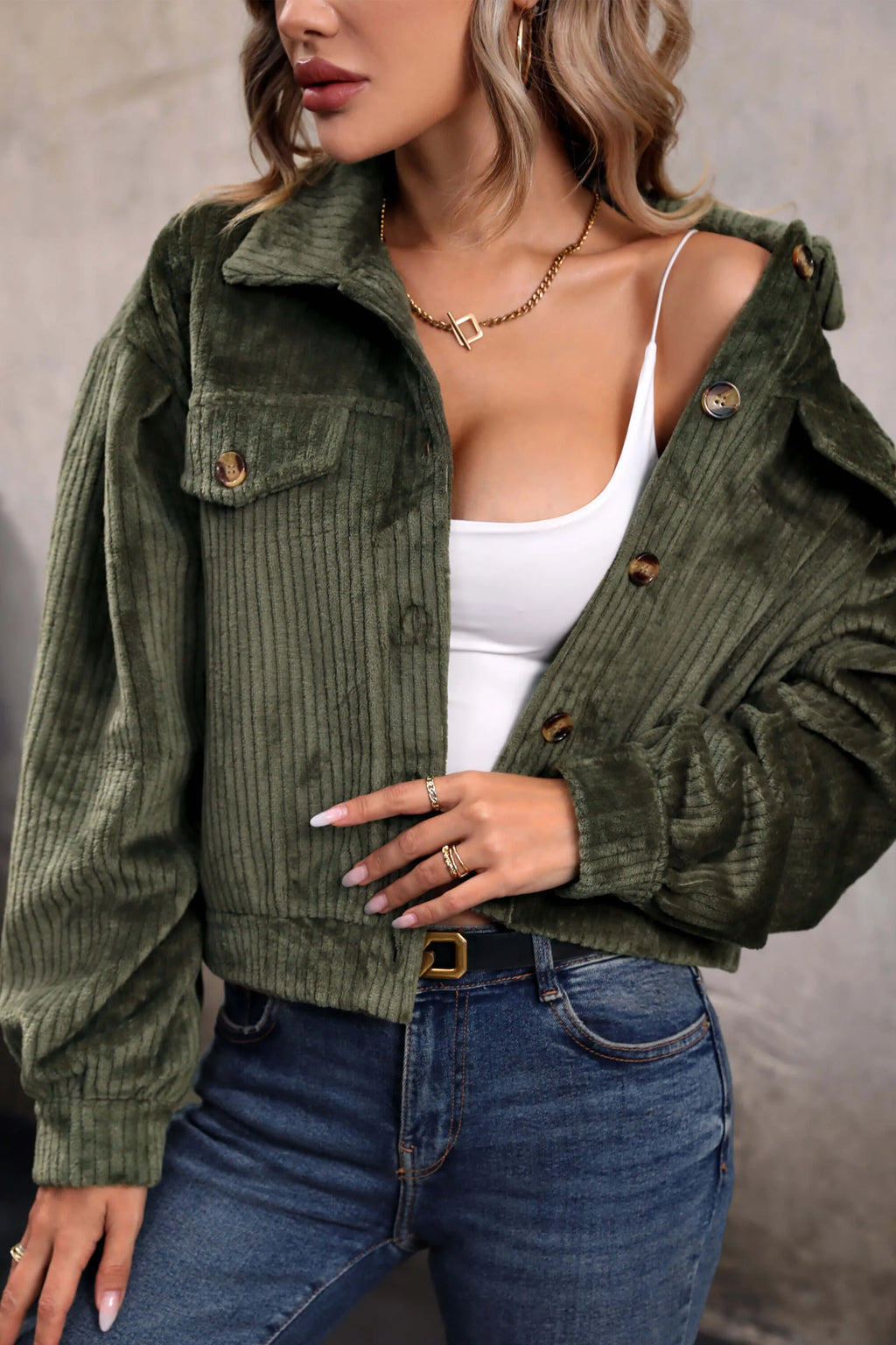 Modern Sabrina Cropped Corduroy Shacket Olive