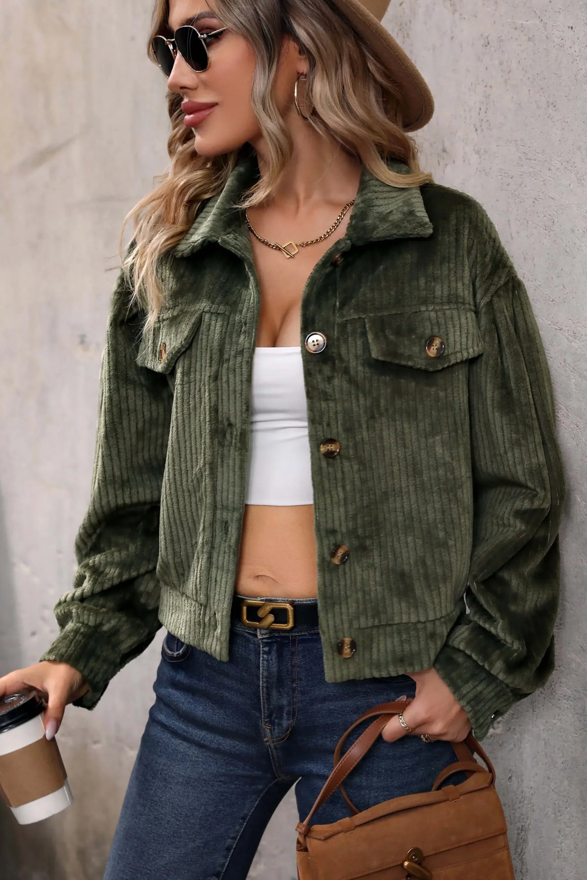 Modern Sabrina Cropped Corduroy Shacket Olive