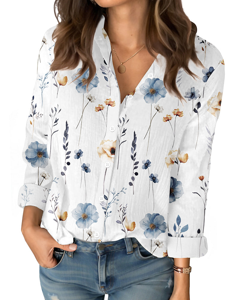 Women’s Floral Cotton Shirt with Long Sleeves – Relaxed Button-Front Fit and Curved Hem for Everyday Styling