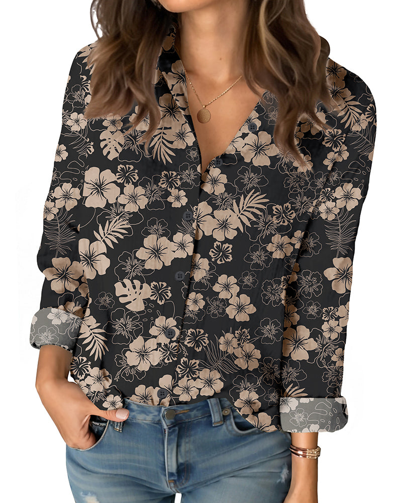 Women’s Floral Cotton Shirt with Long Sleeves – Relaxed Button-Front Fit and Curved Hem for Everyday Styling