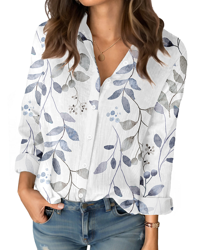 Women’s Floral Cotton Shirt with Long Sleeves – Relaxed Button-Front Fit and Curved Hem for Everyday Styling