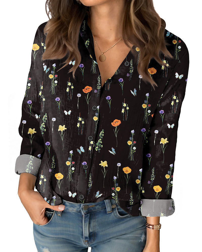 Women’s Floral Cotton Shirt with Long Sleeves – Relaxed Button-Front Fit and Curved Hem for Everyday Styling
