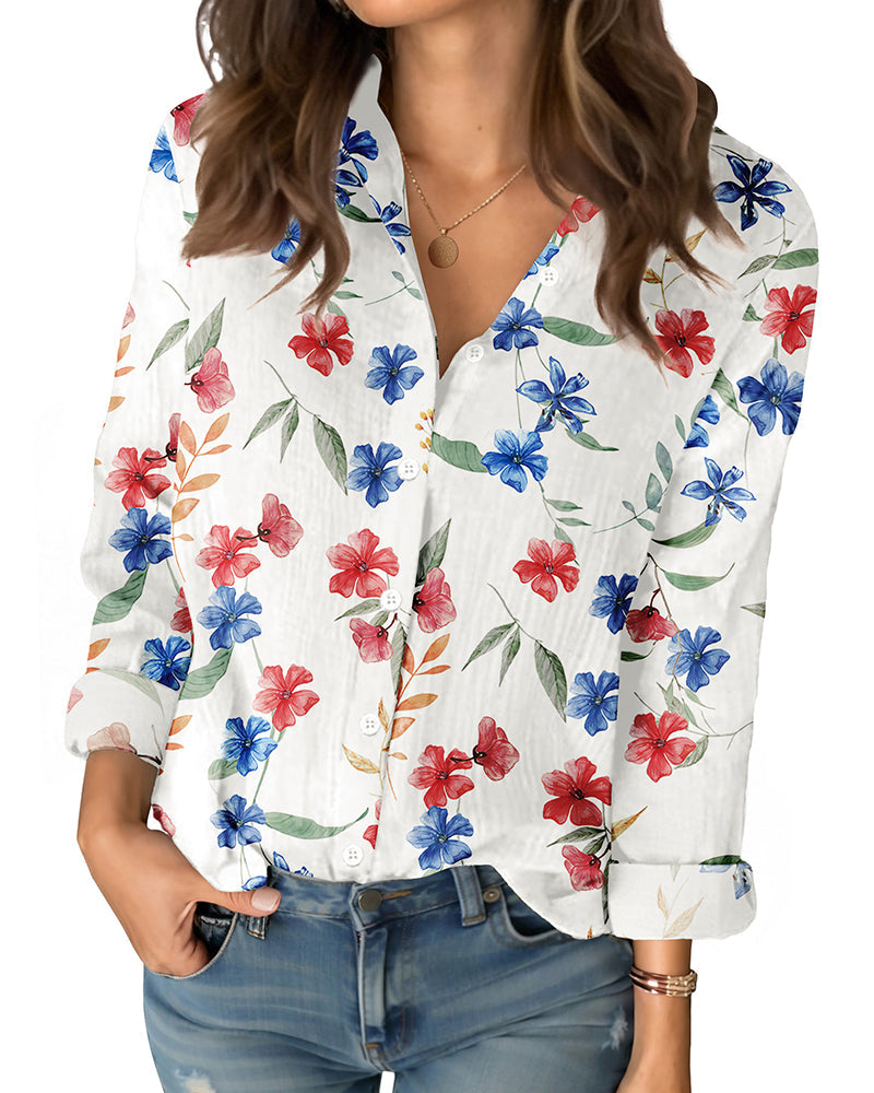 Women’s Floral Cotton Shirt with Long Sleeves – Relaxed Button-Front Fit and Curved Hem for Everyday Styling
