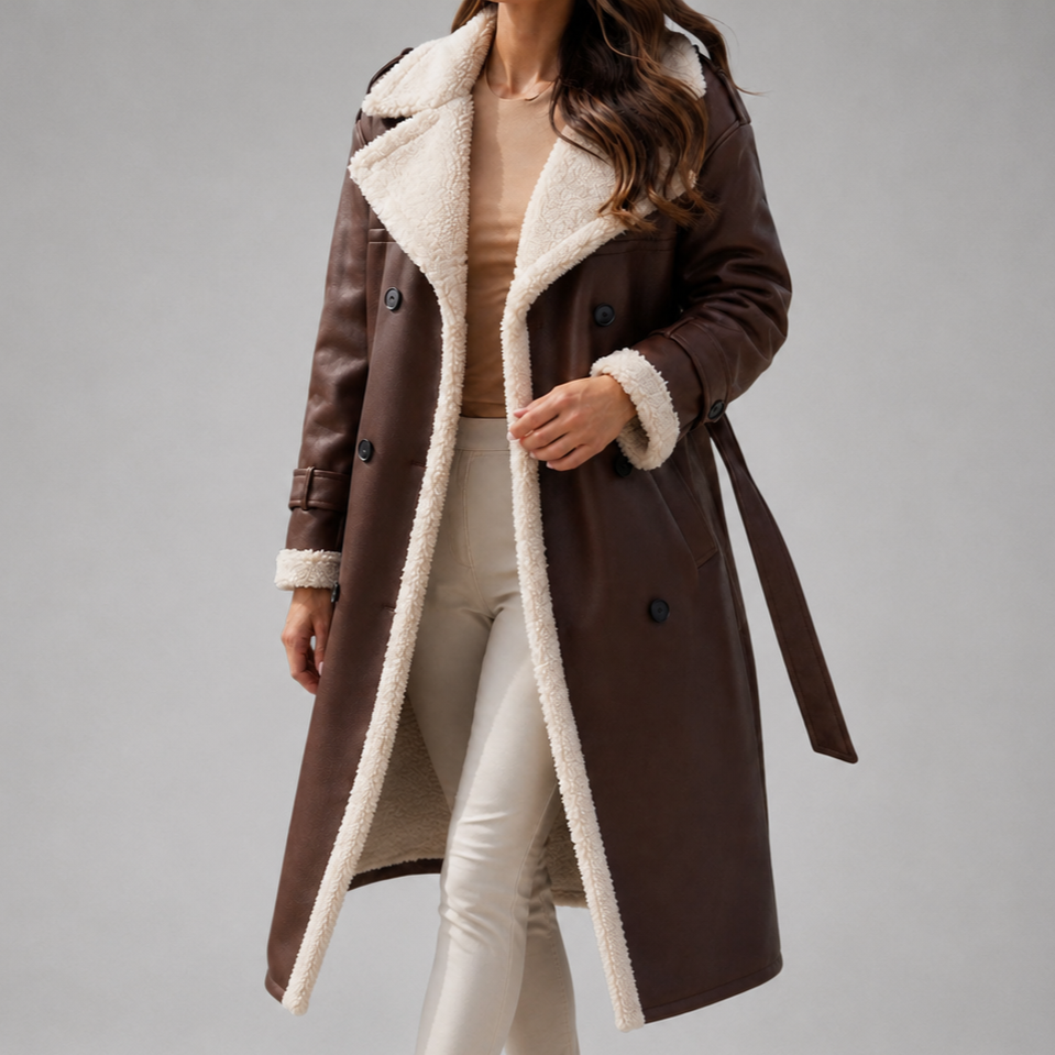 Adalee - Women's Faux-Suede Sherpa-Lined Trench Coat with Belt