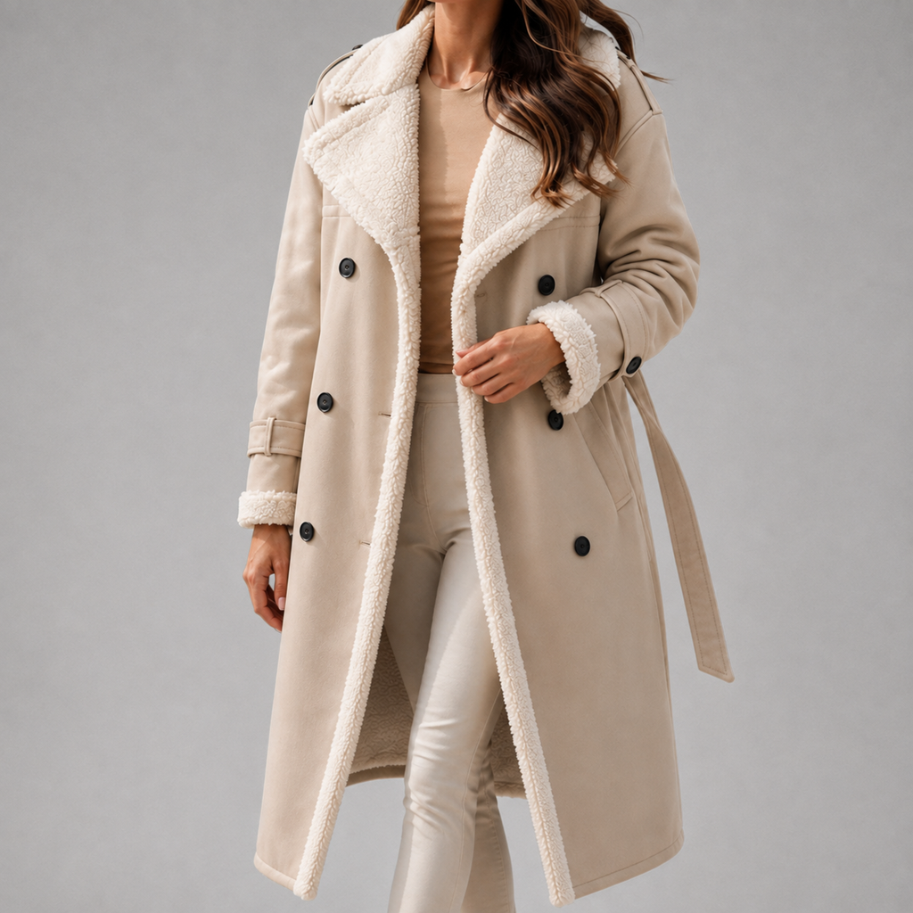 Adalee - Women's Faux-Suede Sherpa-Lined Trench Coat with Belt