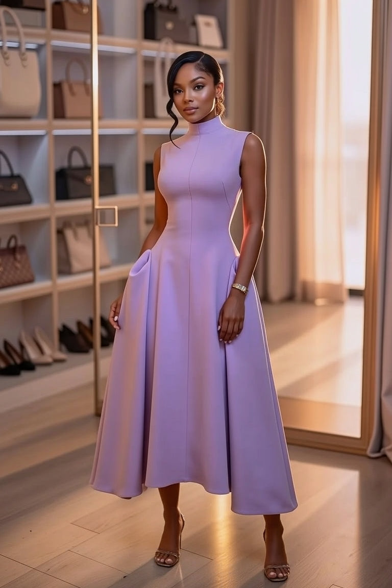 Lavender High Neck Sleeveless Midi-Length Dress