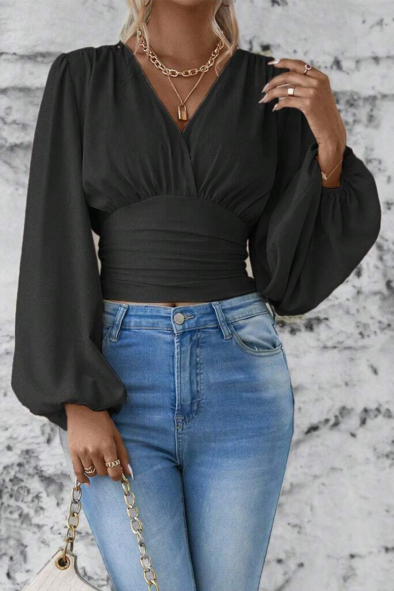 Women's Elegant V Neck Blouse with Ruched Waist and Balloon Sleeves – Fitted Long Sleeve Top for Office and Smart Casual Wear