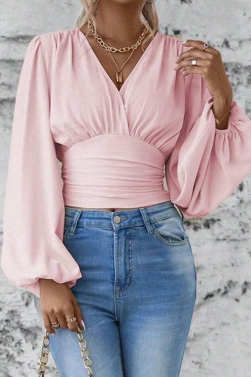 Women's Elegant V Neck Blouse with Ruched Waist and Balloon Sleeves – Fitted Long Sleeve Top for Office and Smart Casual Wear