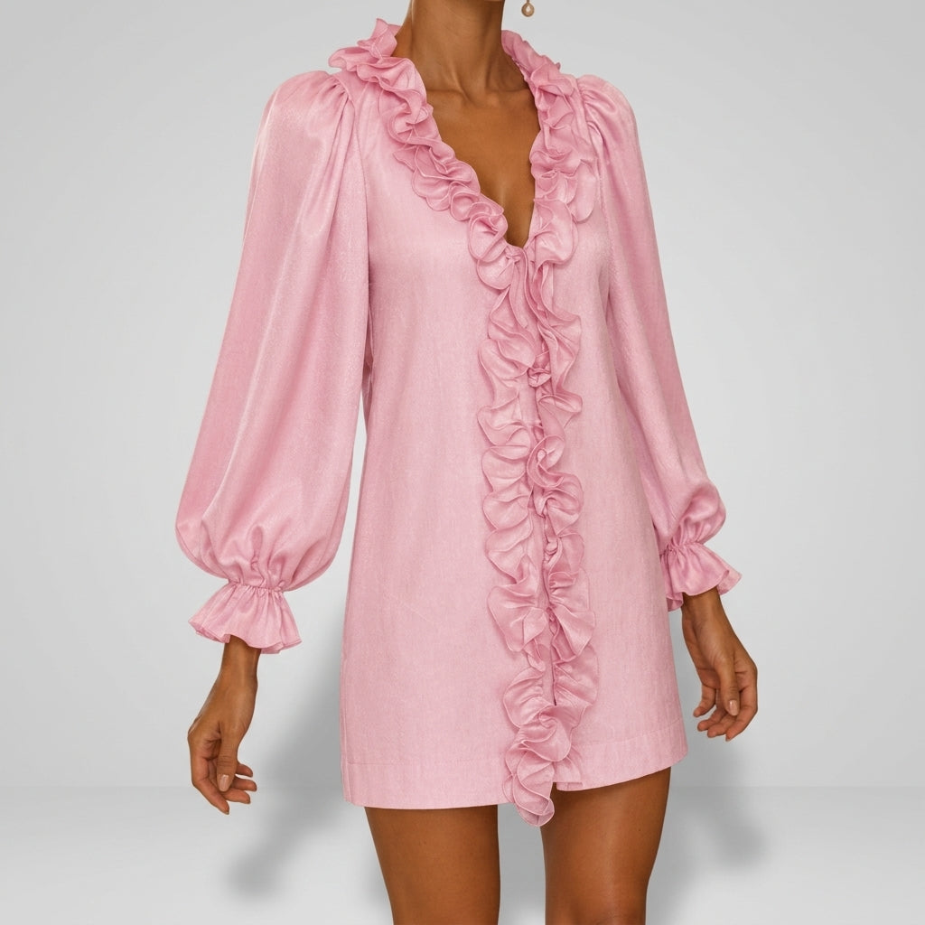 Ariana - Women's Ruffle-Front Cocktail Dress with Puff Sleeves