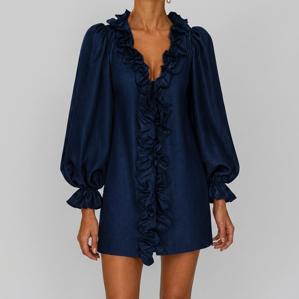 Ariana - Women's Ruffle-Front Cocktail Dress with Puff Sleeves