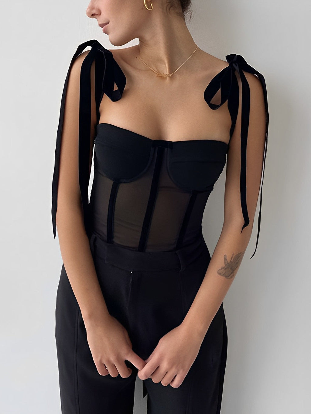 Women’s Mesh Corset Top with Bow Shoulder Straps – Fitted Sweetheart Neckline for Elegant Evening Styling
