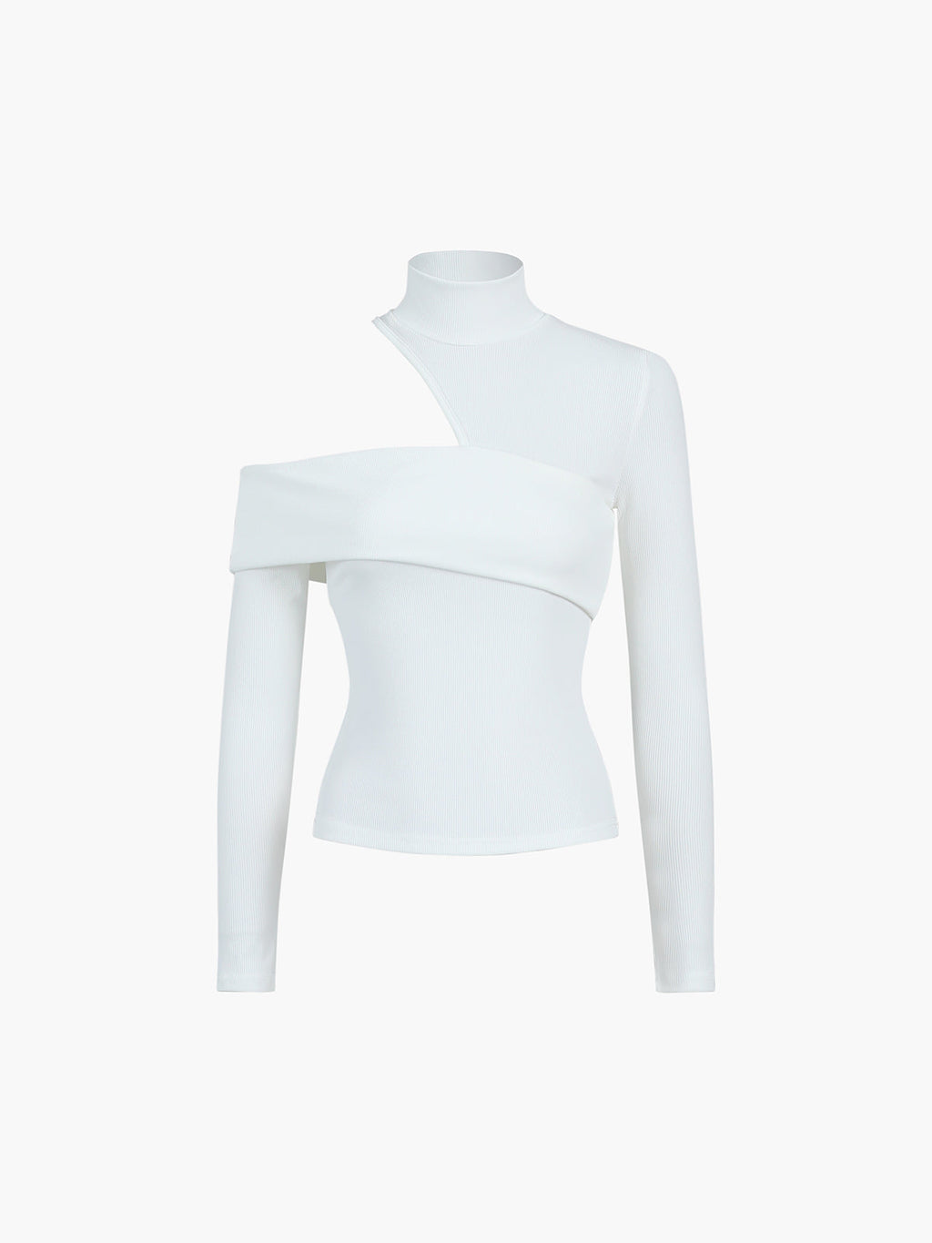 Women’s Ribbed Mock-Neck Top with Asymmetric Shoulder Cut-Out – Fitted Long Sleeves and Foldover Detail for Evening Styling