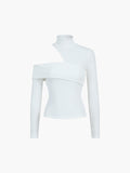 Women’s Ribbed Mock-Neck Top with Asymmetric Shoulder Cut-Out – Fitted Long Sleeves and Foldover Detail for Evening Styling
