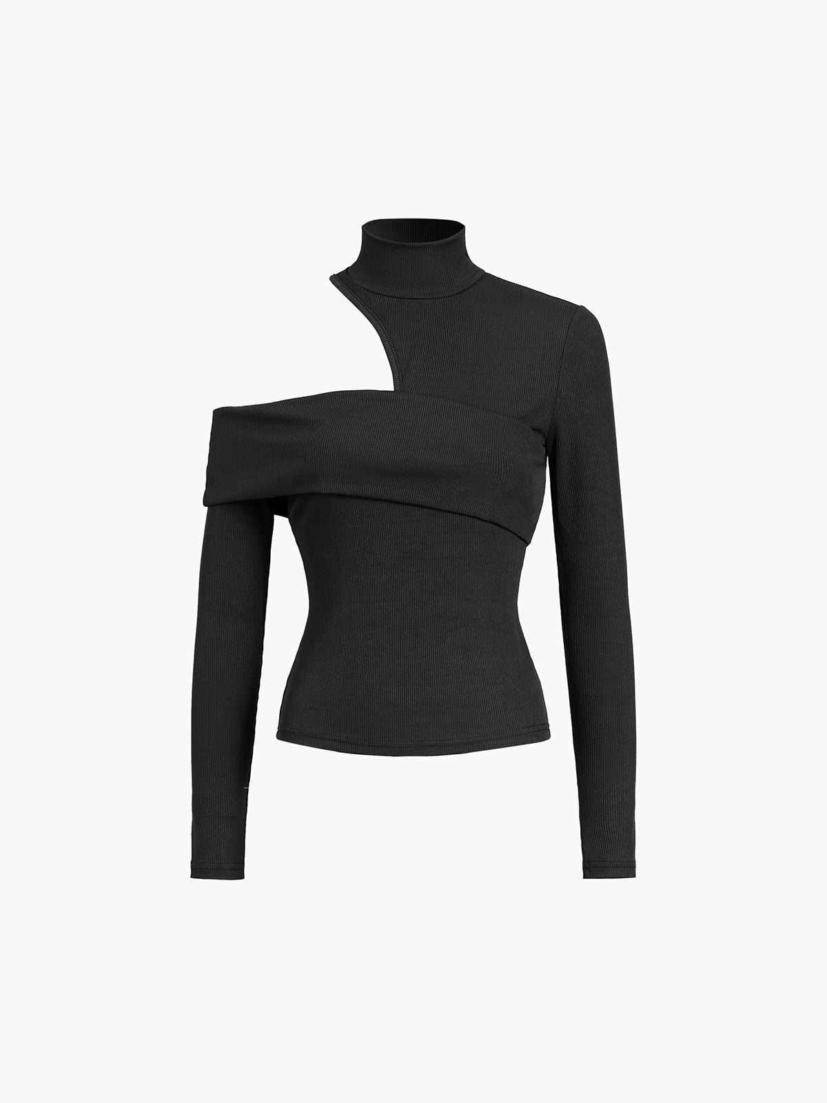 Women’s Ribbed Mock-Neck Top with Asymmetric Shoulder Cut-Out – Fitted Long Sleeves and Foldover Detail for Evening Styling