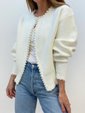 Women's Elegant Pearl Embellished Knitted Cardigan with Ribbed Cuffs – Open Front Relaxed Fit Layer for Autumn and Winter Smart Casual Wear