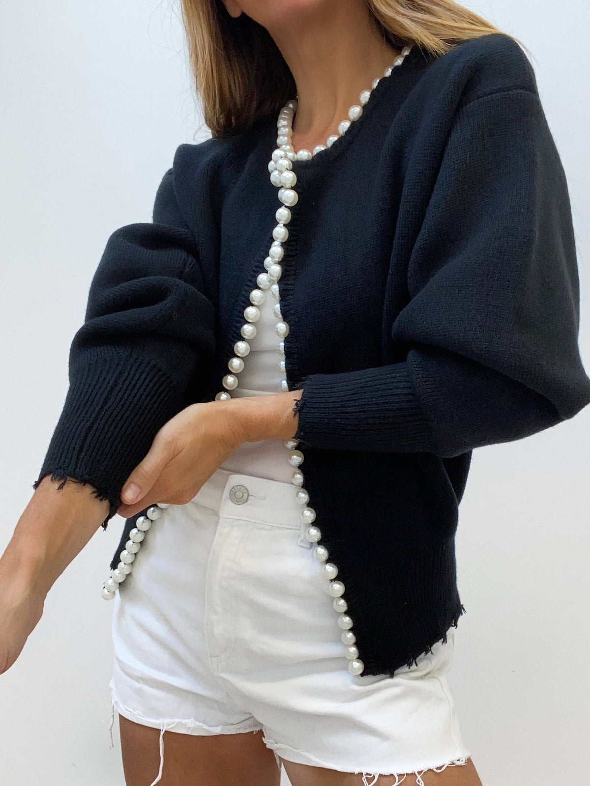 Women's Elegant Pearl Embellished Knitted Cardigan with Ribbed Cuffs – Open Front Relaxed Fit Layer for Autumn and Winter Smart Casual Wear
