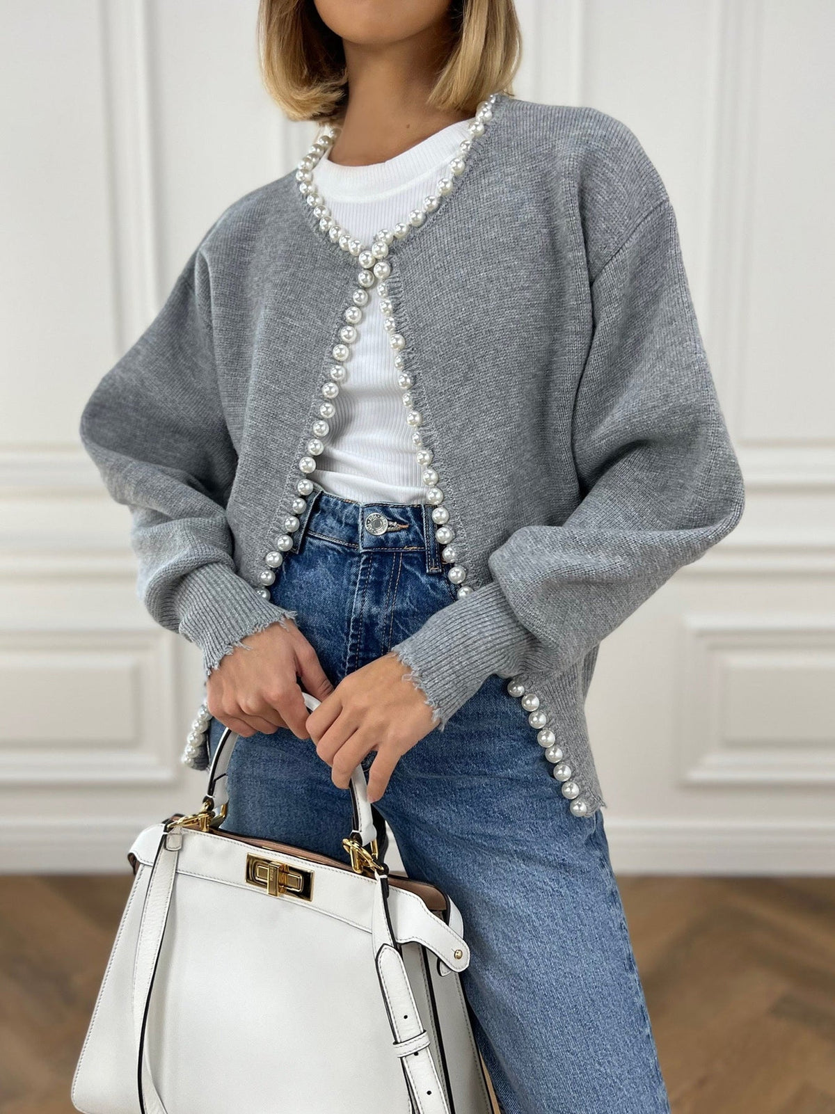 Women's Elegant Pearl Embellished Knitted Cardigan with Ribbed Cuffs – Open Front Relaxed Fit Layer for Autumn and Winter Smart Casual Wear