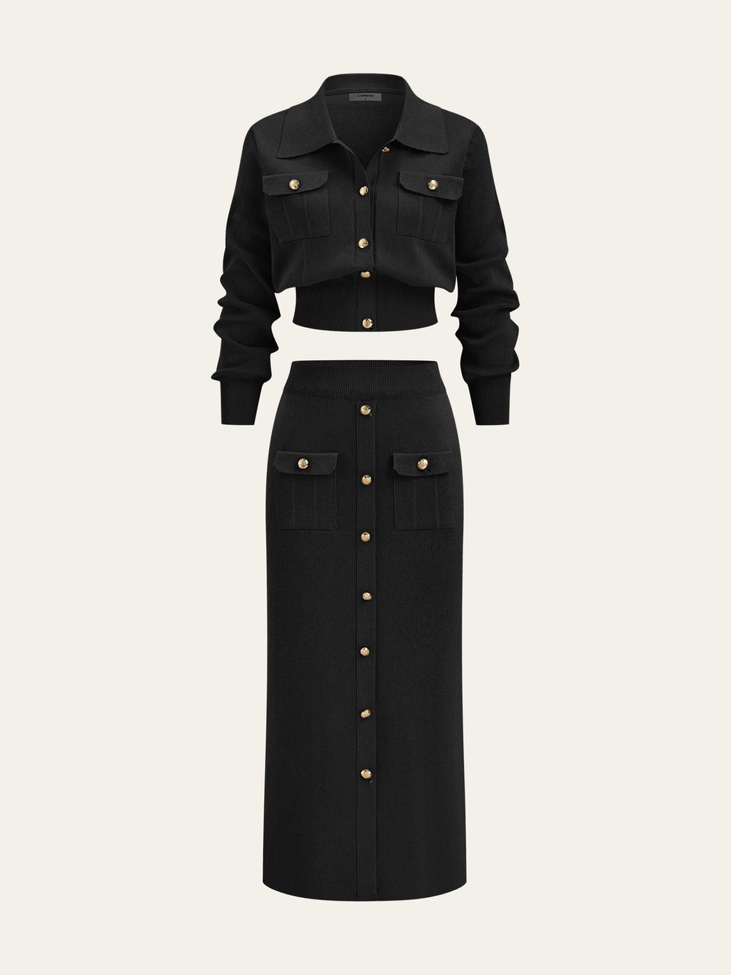 Women’s Collared Knit Cardigan and Button Front Midi Skirt Set – Elegant Two-Piece Outfit for Office and Autumn Wear
