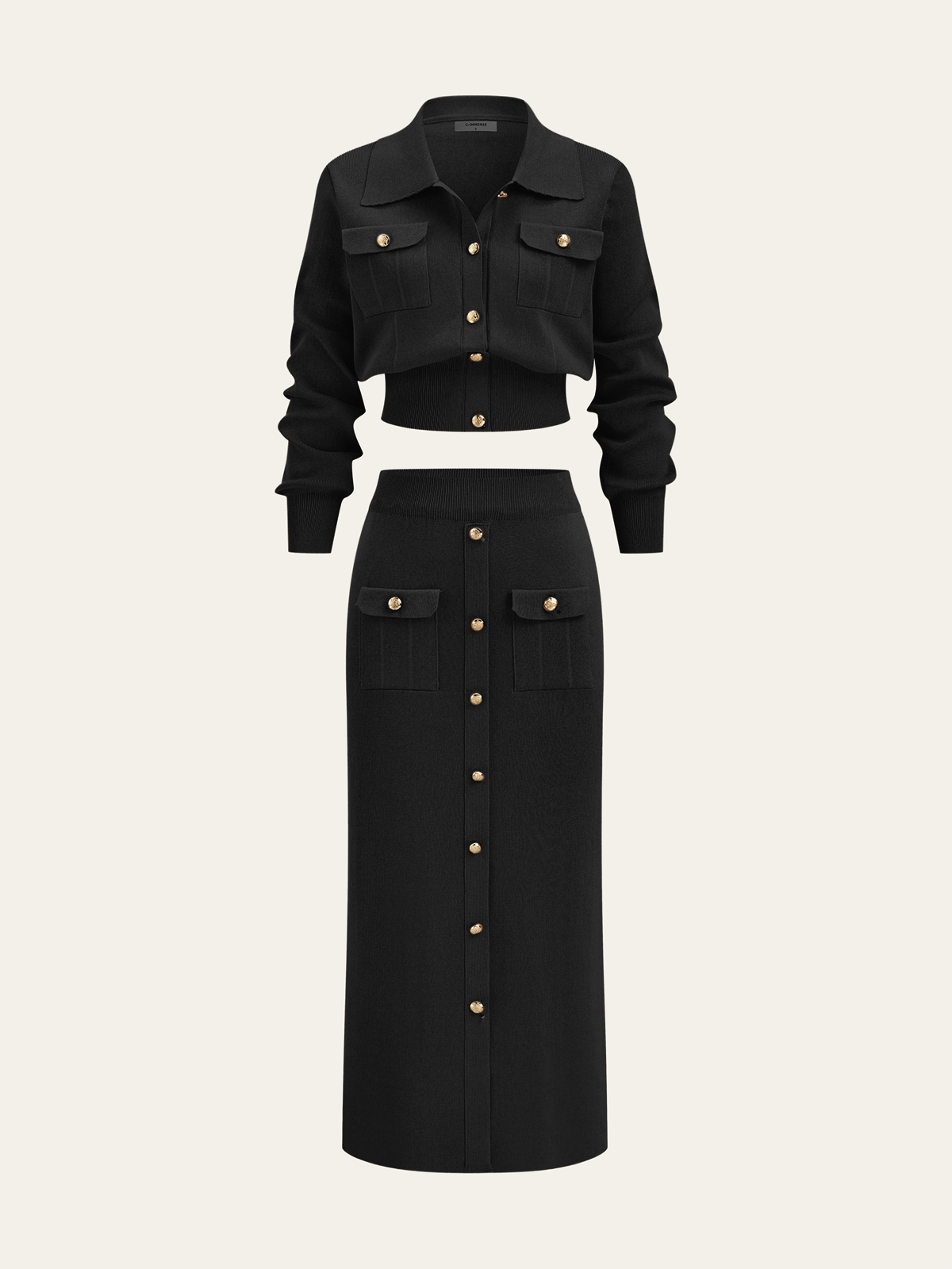 Women’s Collared Knit Cardigan and Button Front Midi Skirt Set – Elegant Two-Piece Outfit for Office and Autumn Wear