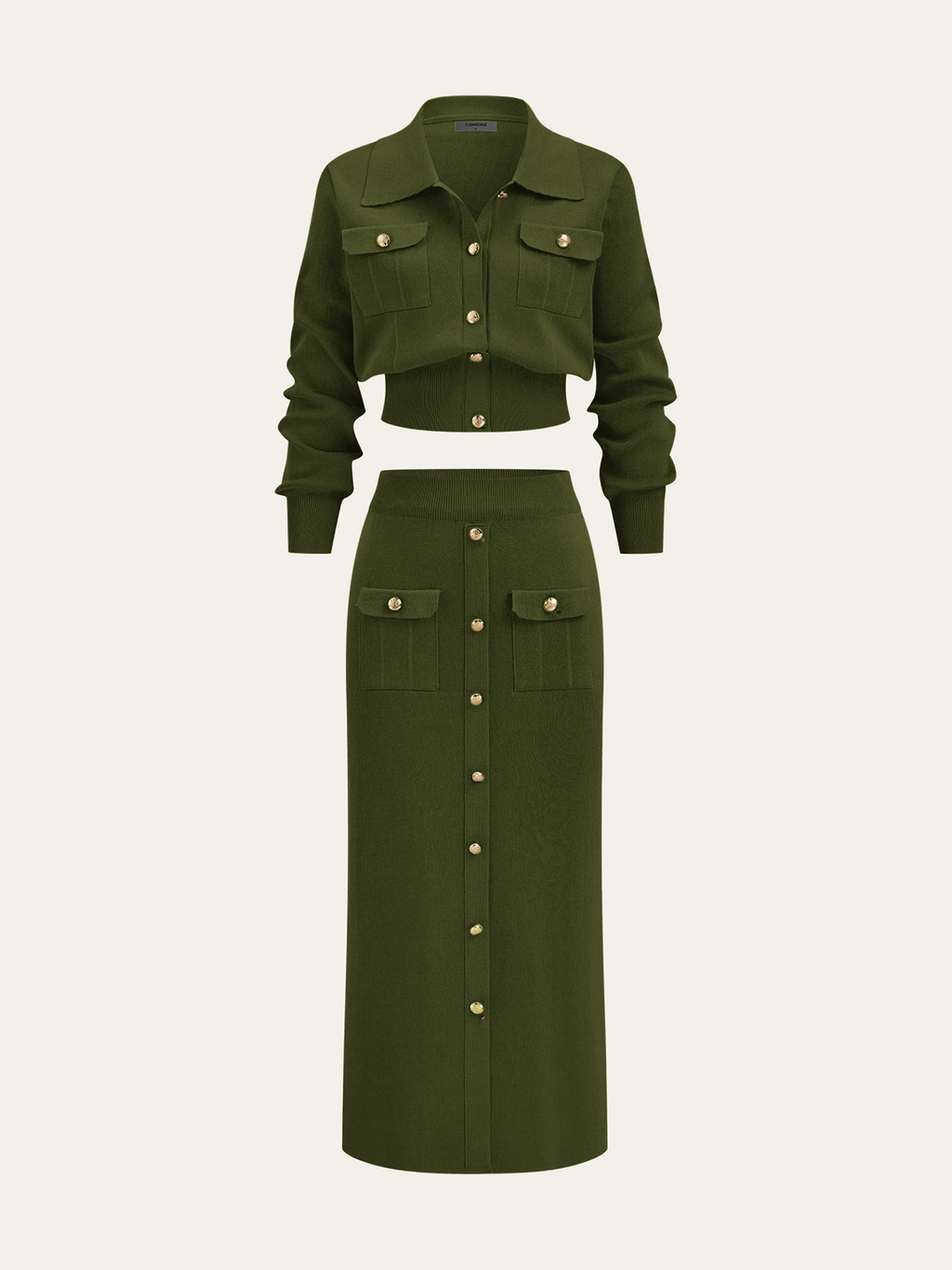 Women’s Collared Knit Cardigan and Button Front Midi Skirt Set – Elegant Two-Piece Outfit for Office and Autumn Wear