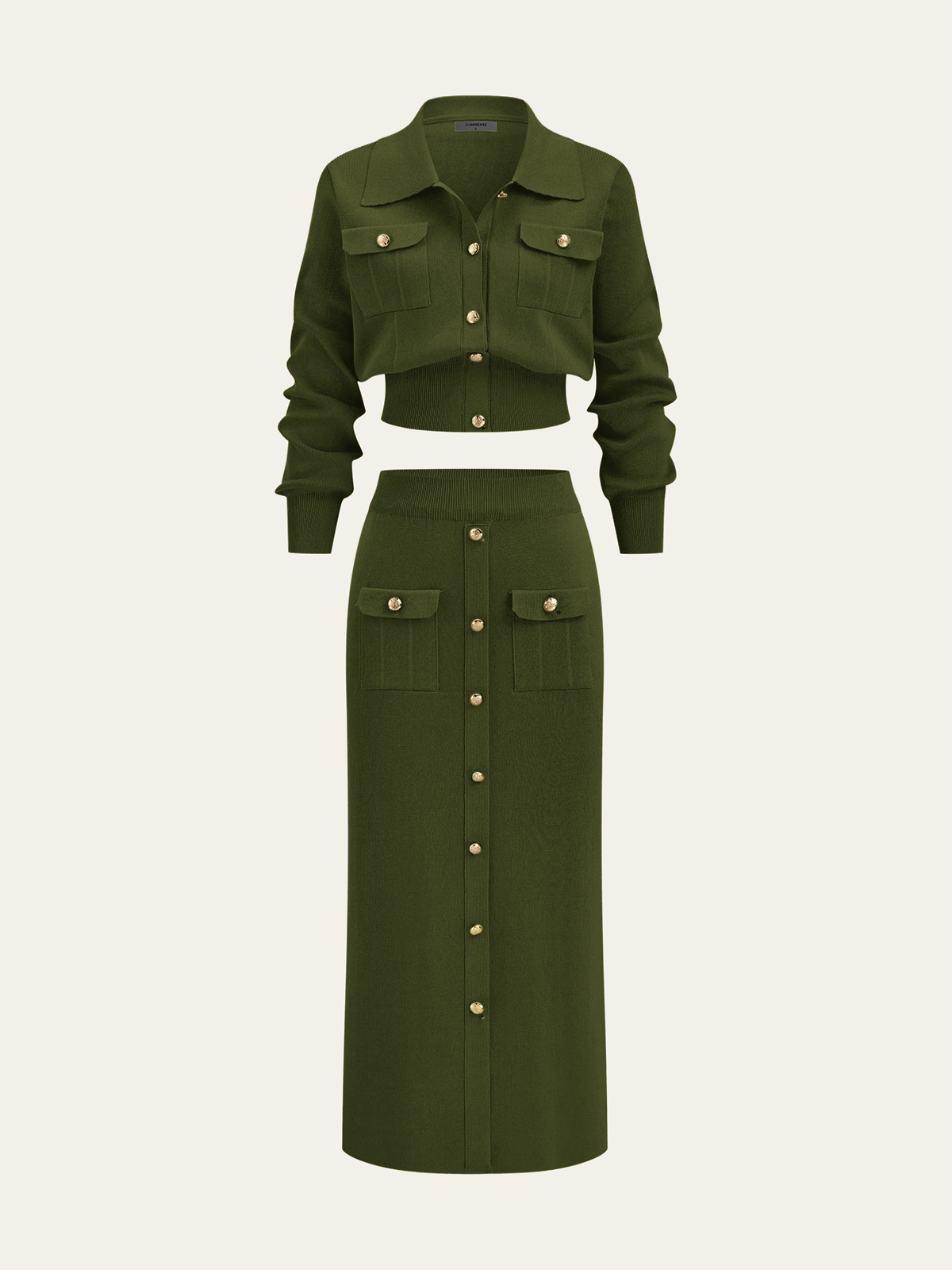 Women’s Collared Knit Cardigan and Button Front Midi Skirt Set – Elegant Two-Piece Outfit for Office and Autumn Wear