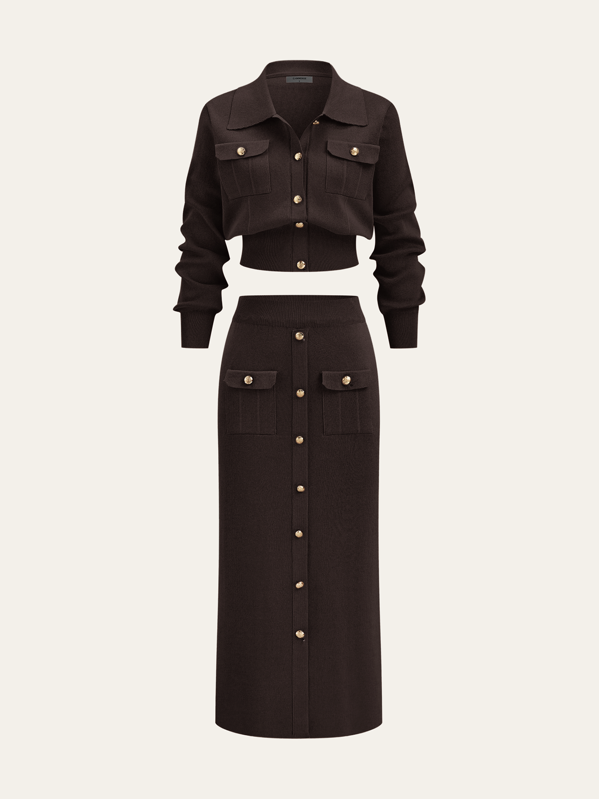 Women’s Collared Knit Cardigan and Button Front Midi Skirt Set – Elegant Two-Piece Outfit for Office and Autumn Wear