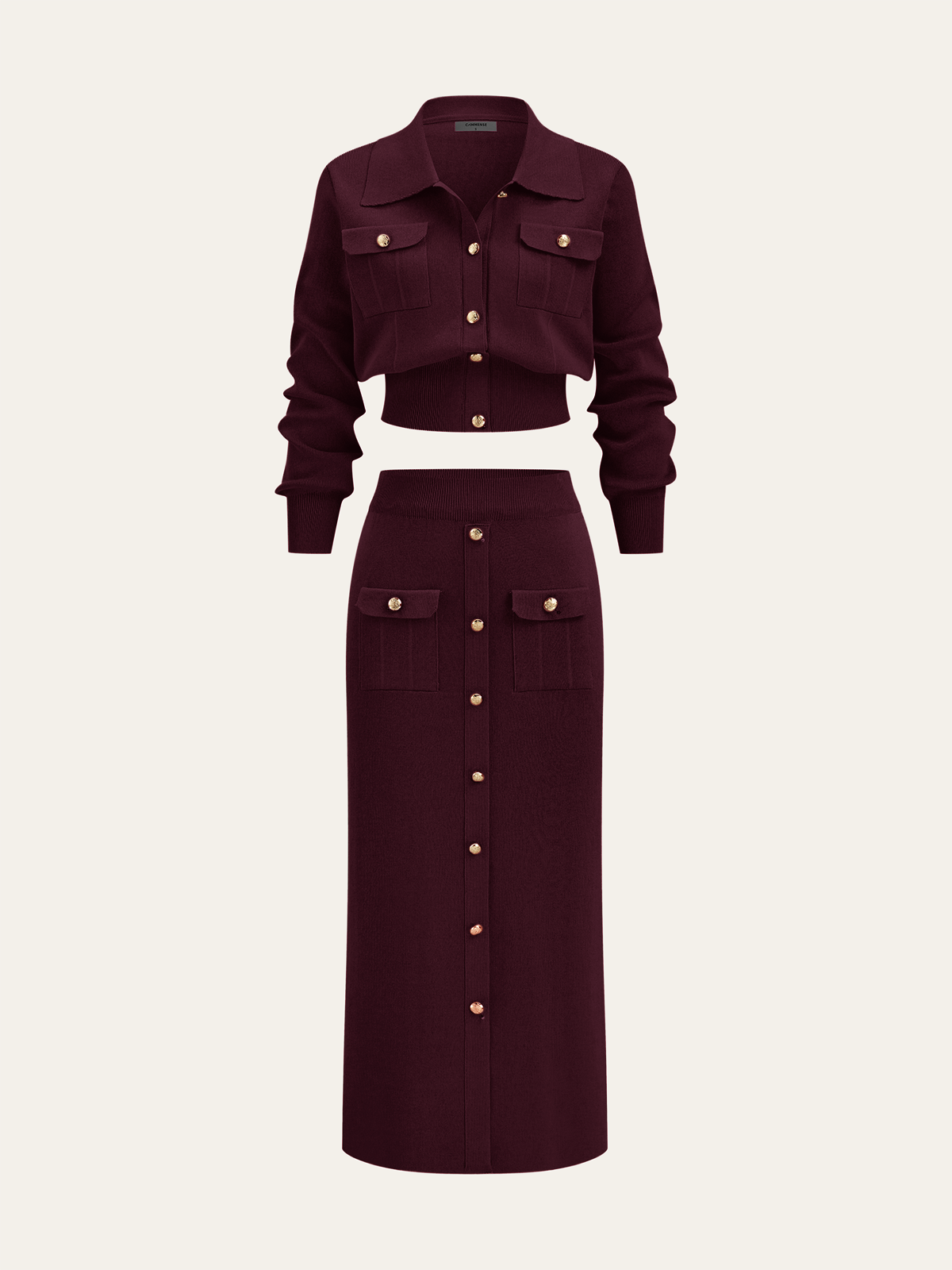 Women’s Collared Knit Cardigan and Button Front Midi Skirt Set – Elegant Two-Piece Outfit for Office and Autumn Wear