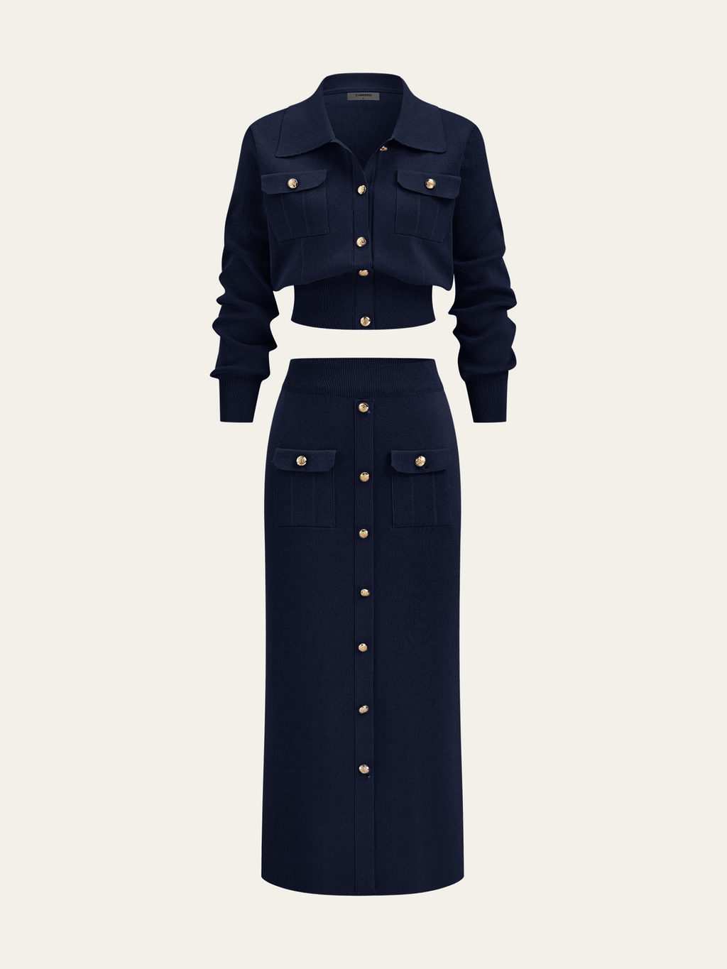 Women’s Collared Knit Cardigan and Button Front Midi Skirt Set – Elegant Two-Piece Outfit for Office and Autumn Wear